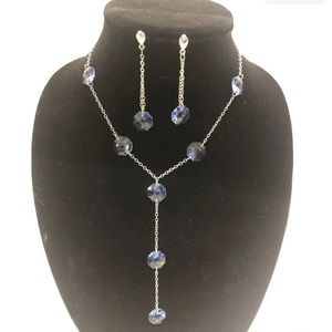 Blue Crystal Lariot Station Necklace & Drop Earrings Set